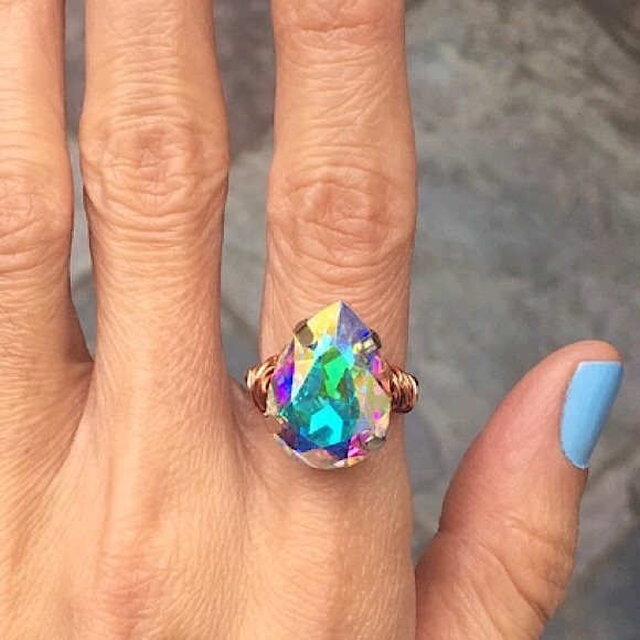 Raw Copper Aurora Borealis Crystal Pear Ring